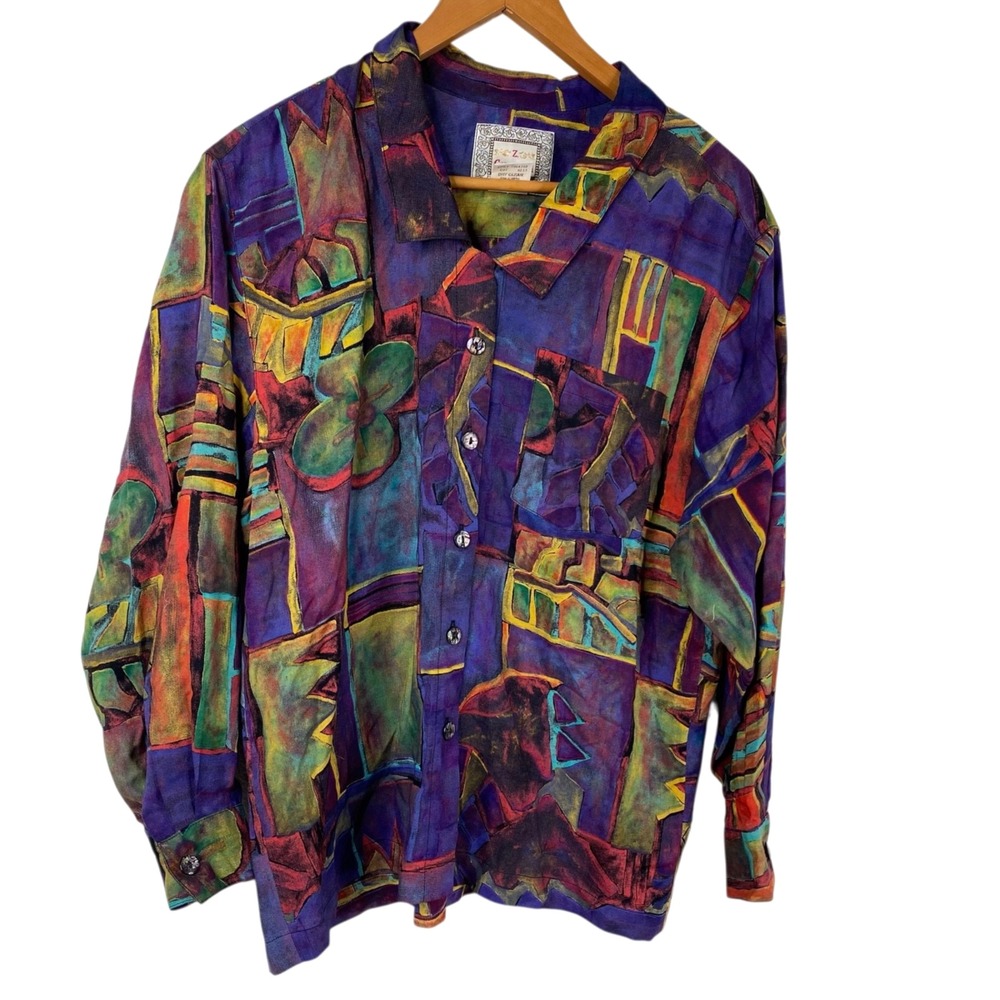 Z Cavaricci Women's Art To Wear Button Up Eclectic Colorful Abstract Top Size L